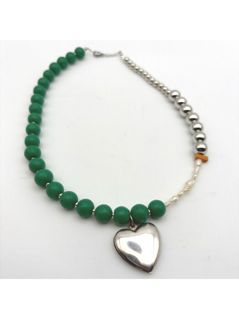 Handmade Mixed Bead Necklace Silvertone Heart Pendant Freshwater Pearls
